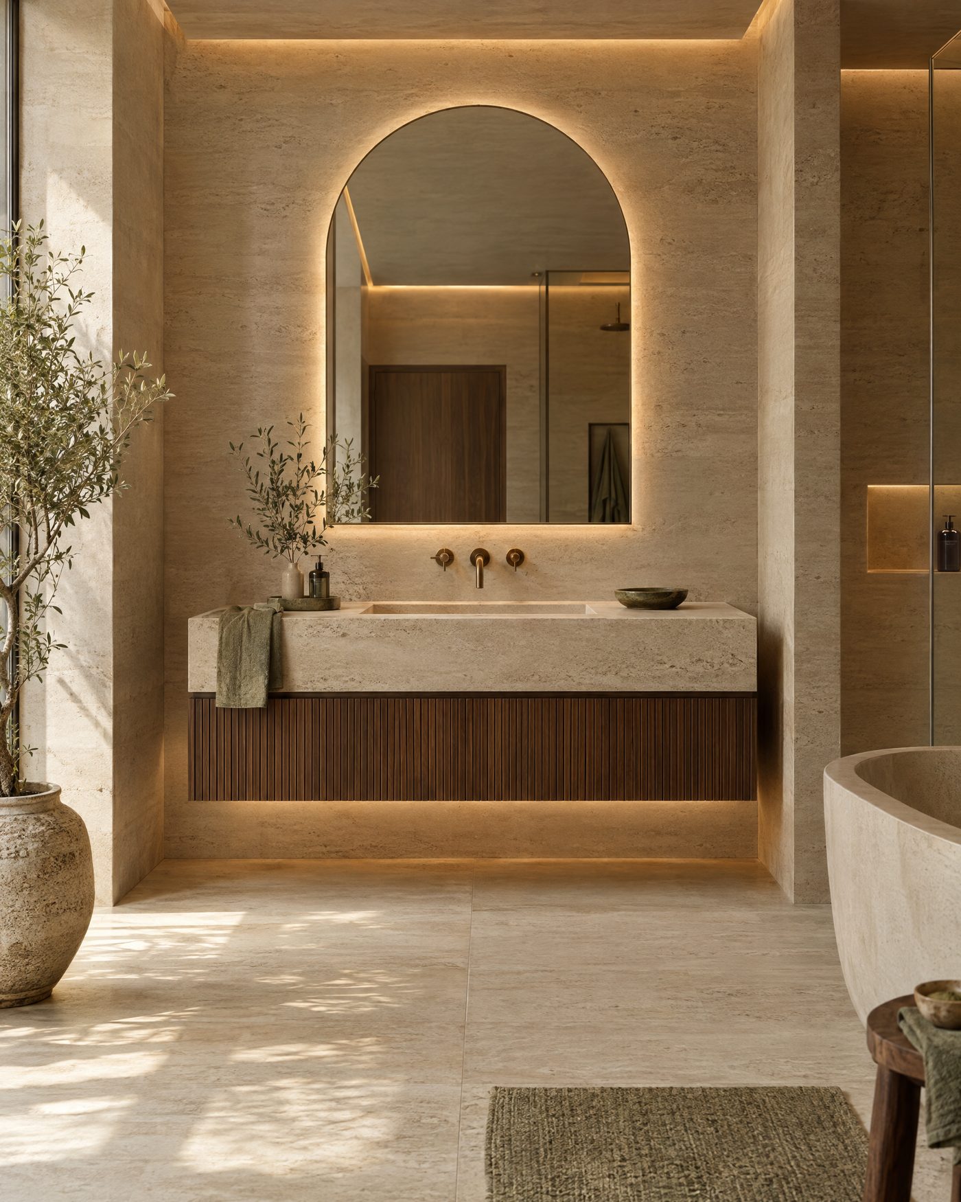 Travertine bathroom with a floating vanity and an arched backlit mirror
