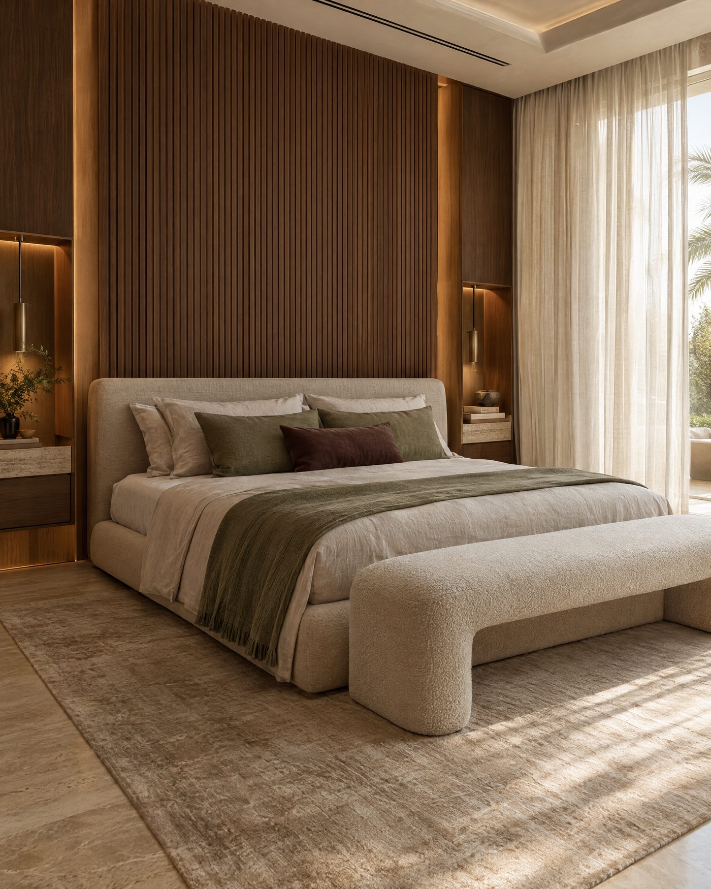 Calm master bedroom with a fluted walnut headboard wall