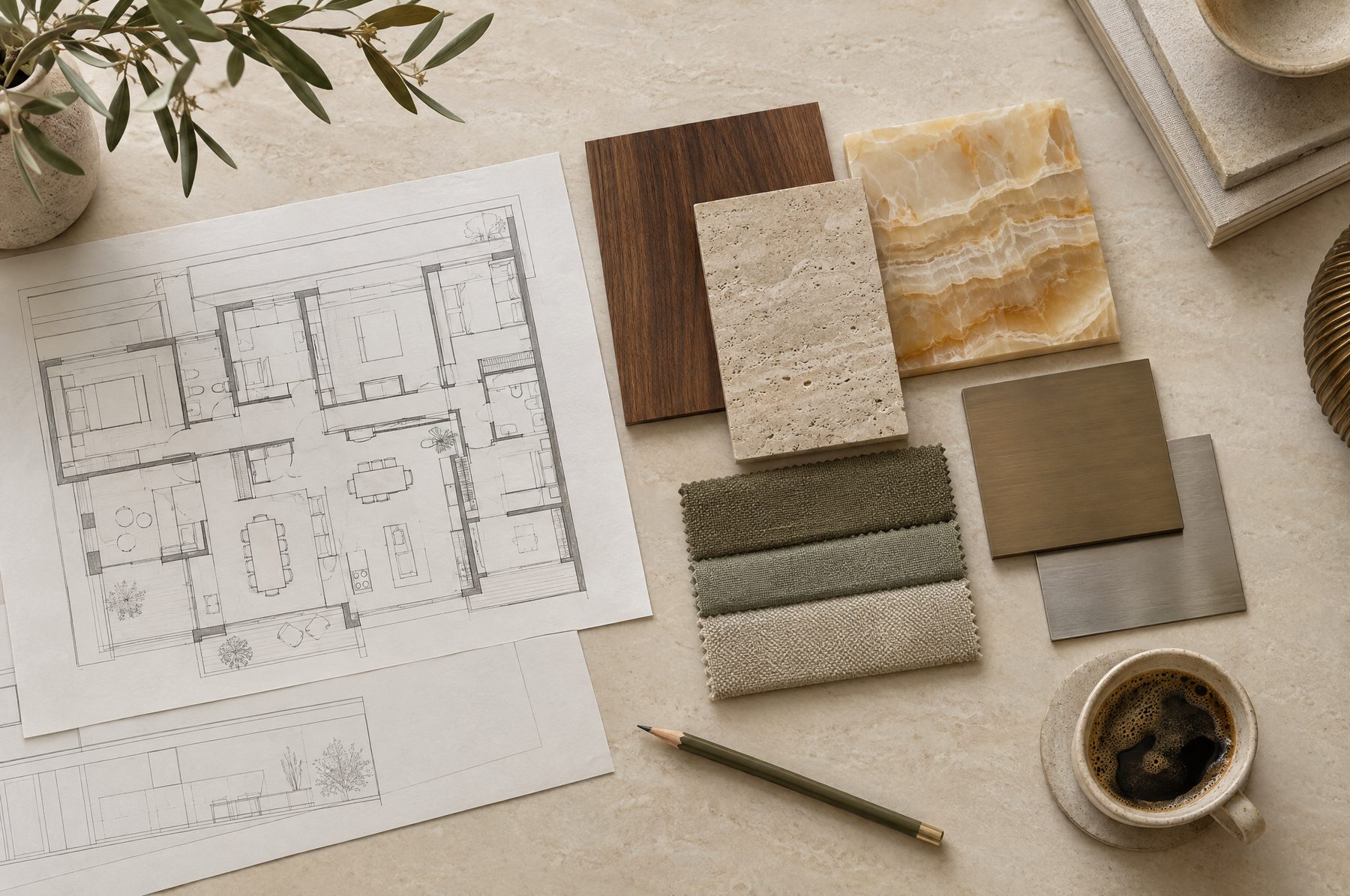 Interior plans with walnut, travertine, onyx and bronze material samples