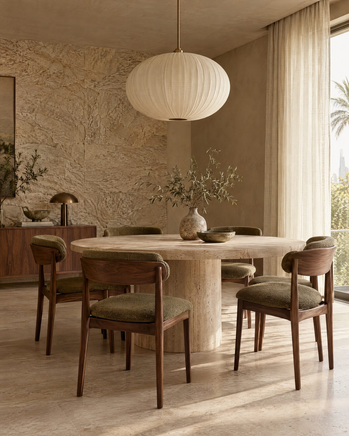 Dining room with a round travertine table and olive upholstered walnut chairs