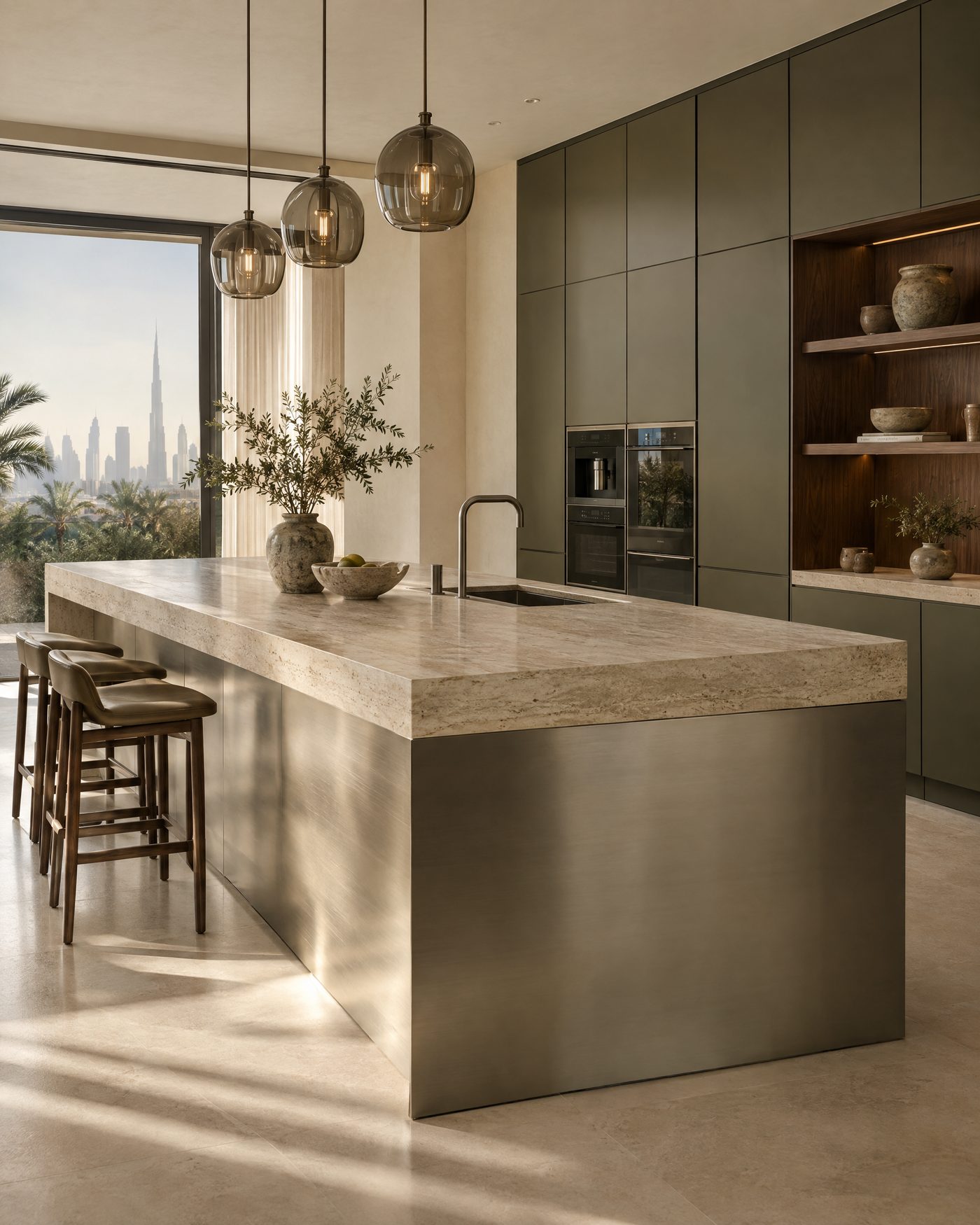 Stainless steel kitchen island with a travertine worktop and olive cabinetry