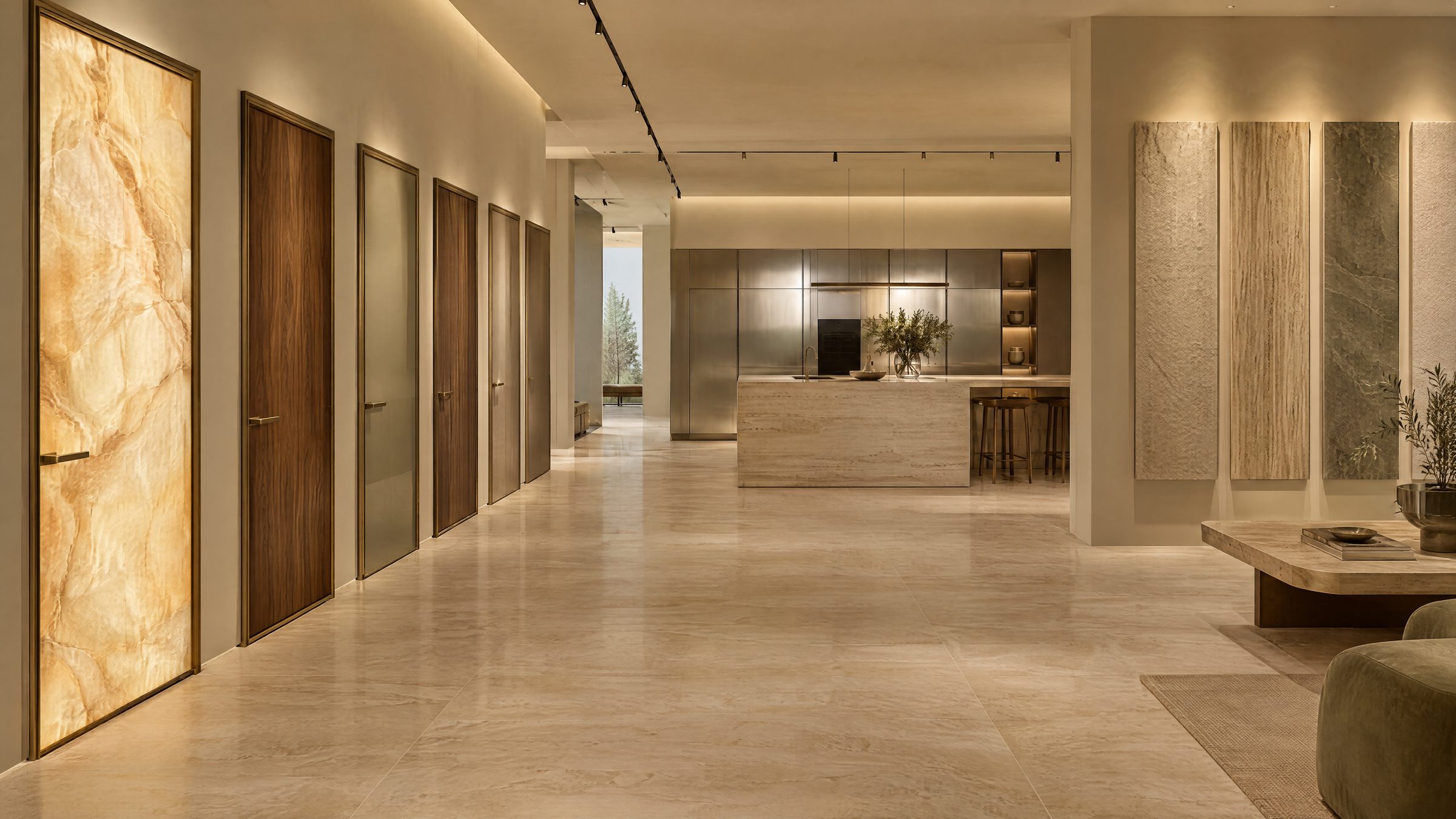 Showroom with onyx and walnut doors, a kitchen and wall panel displays