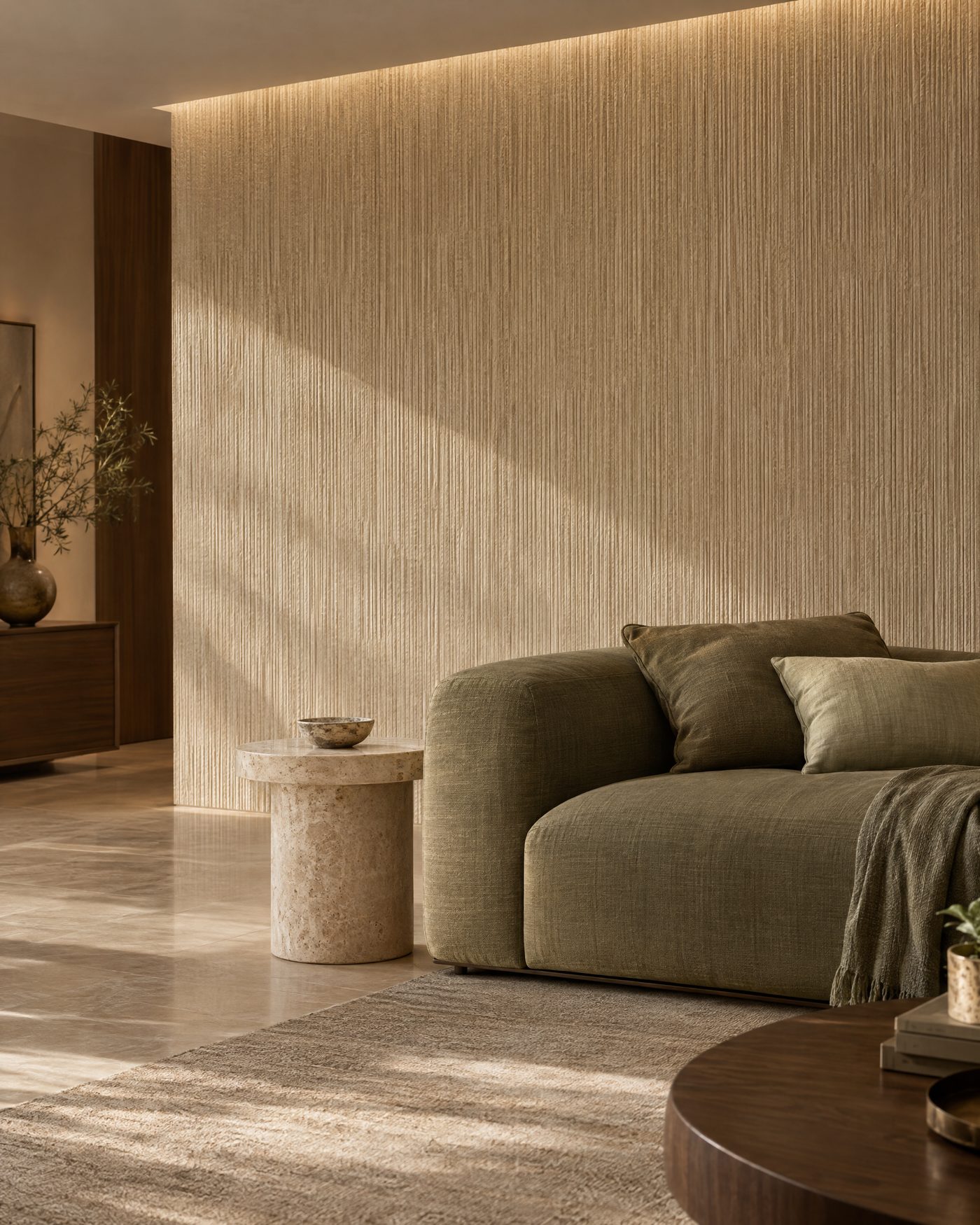 Textured artistic wall panels lit by warm grazing light